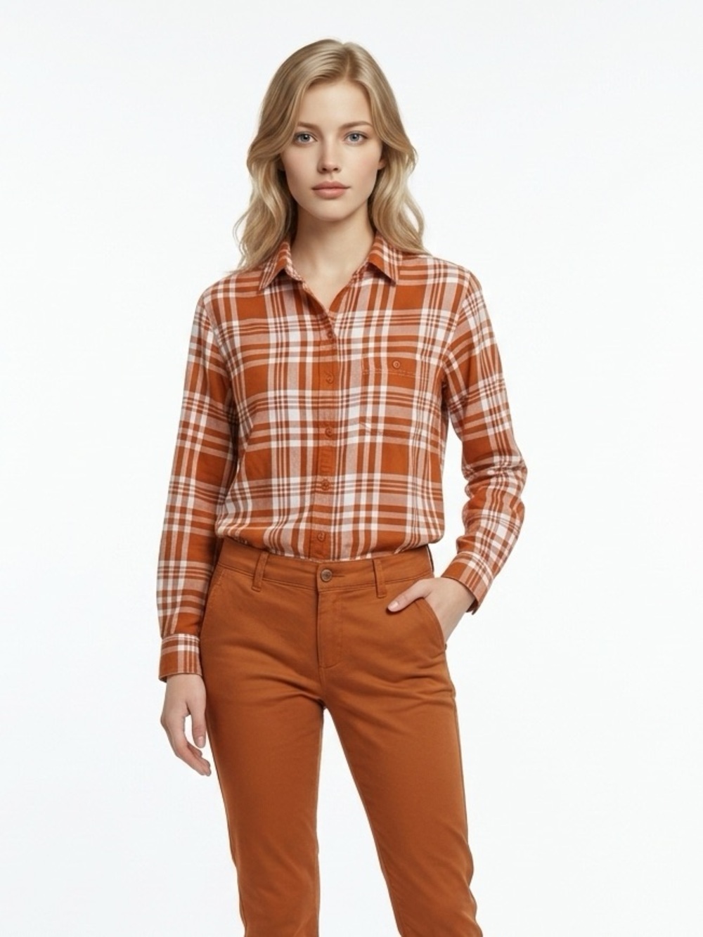 REI Orange and‎ White Plaid Button-Down Shirt Small 148